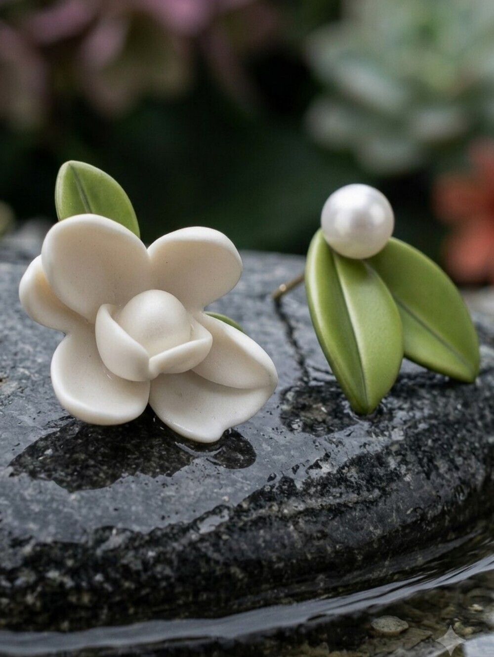 Mismatched Flower and Leaf Resin Stud Earrings 925 Silver Post Cottagecore 1" - Picture 5 of 16